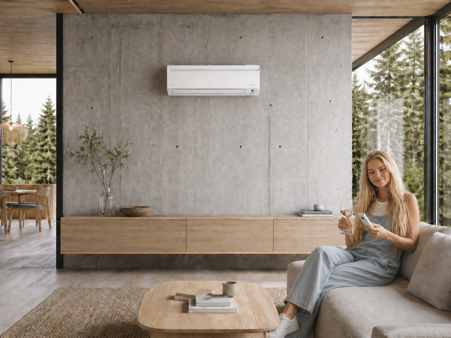 Designová nástěnná klimatizace v moderním obývacím pokoji s pohledem do lesa