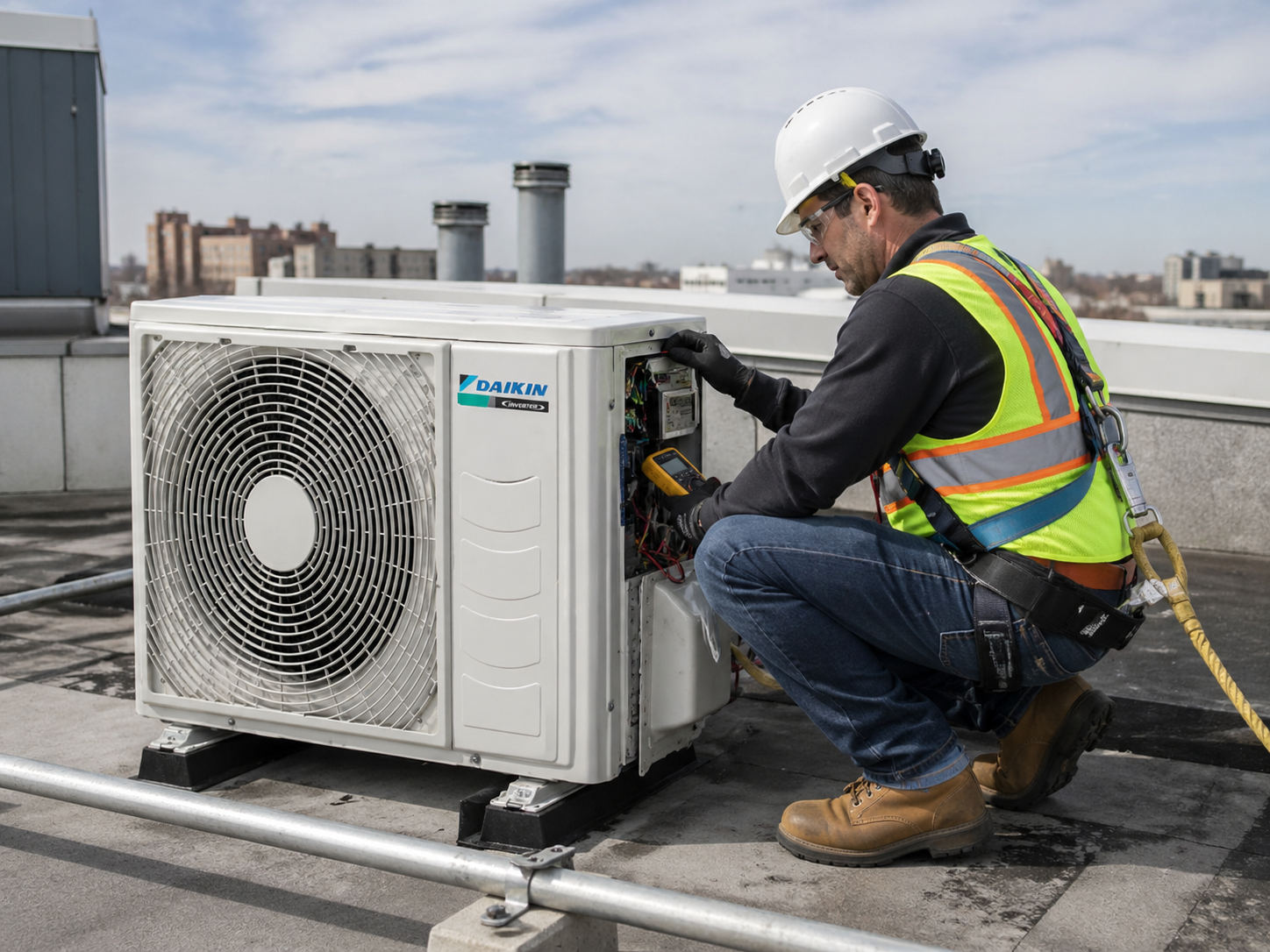 Certifikovaný technik CZ Klimatizace při servisní prohlídce venkovní jednotky Daikin na střeše firemní budovy