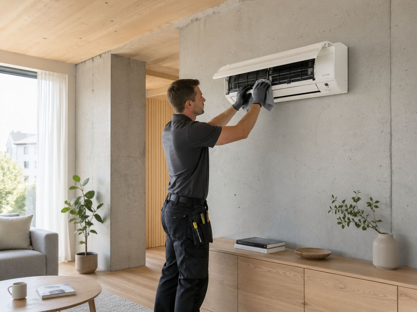 Servisní technik při čištění vnitřní jednotky klimatizace v moderním obývacím pokoji